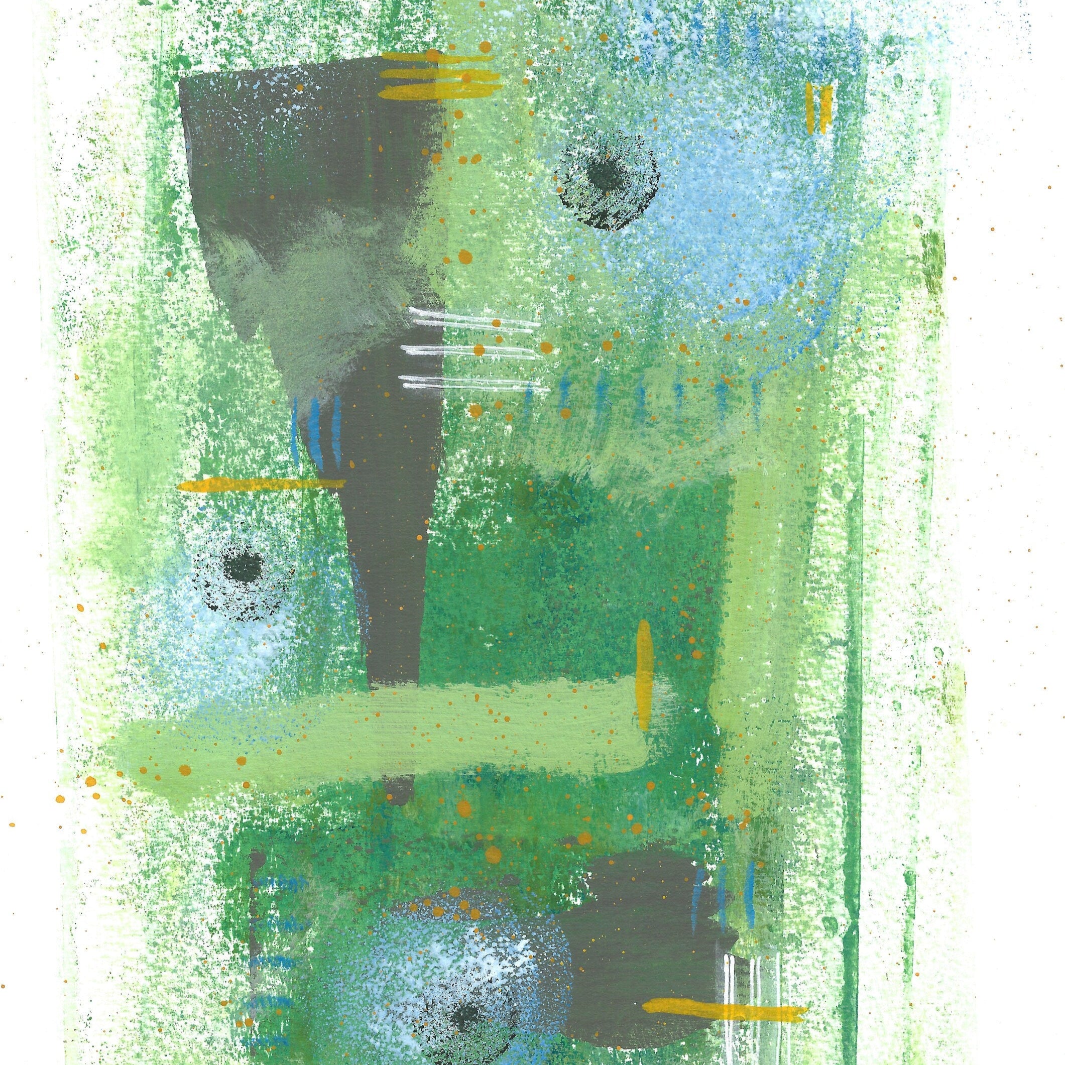Abstract art piece with green, blue, and black colors on a white background