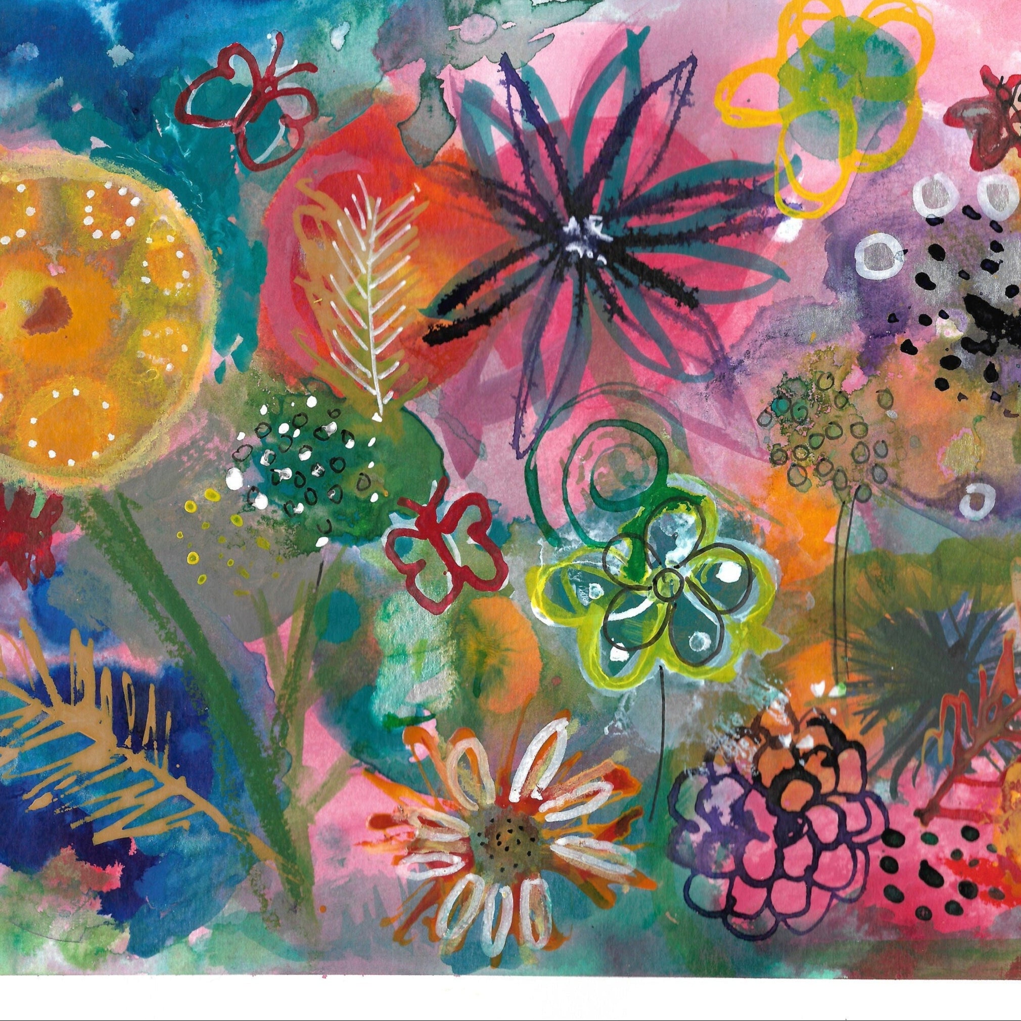 Colorful abstract floral design with various shapes and patterns on a white background