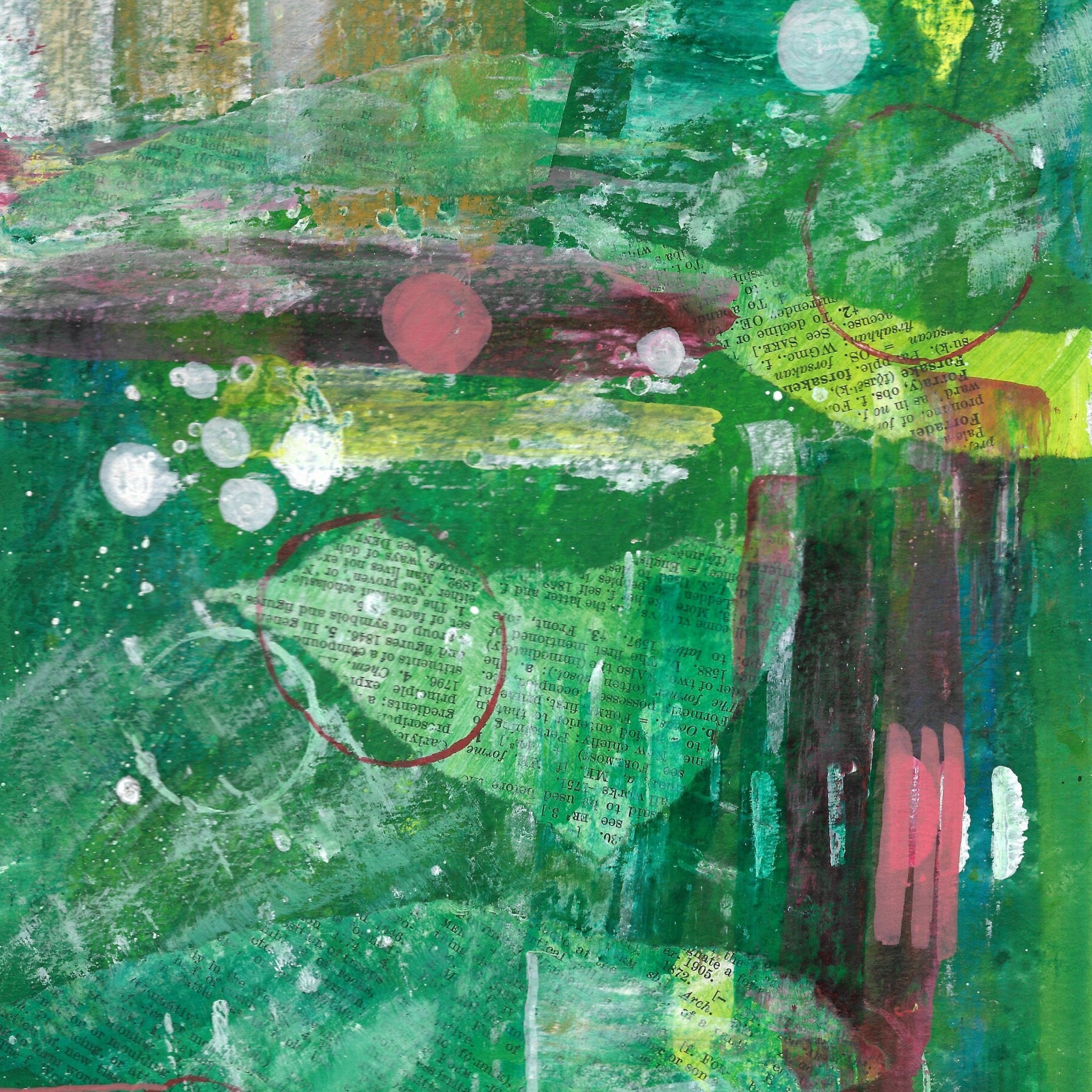 Abstract artwork with a mix of green, pink, and black colors on a textured background.