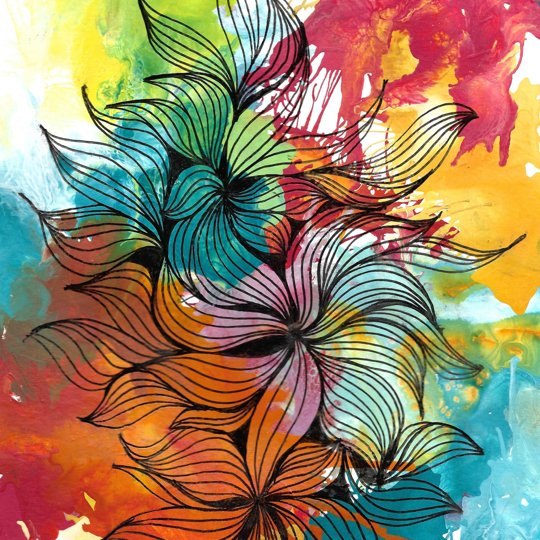 Colorful abstract floral design on a watercolor background