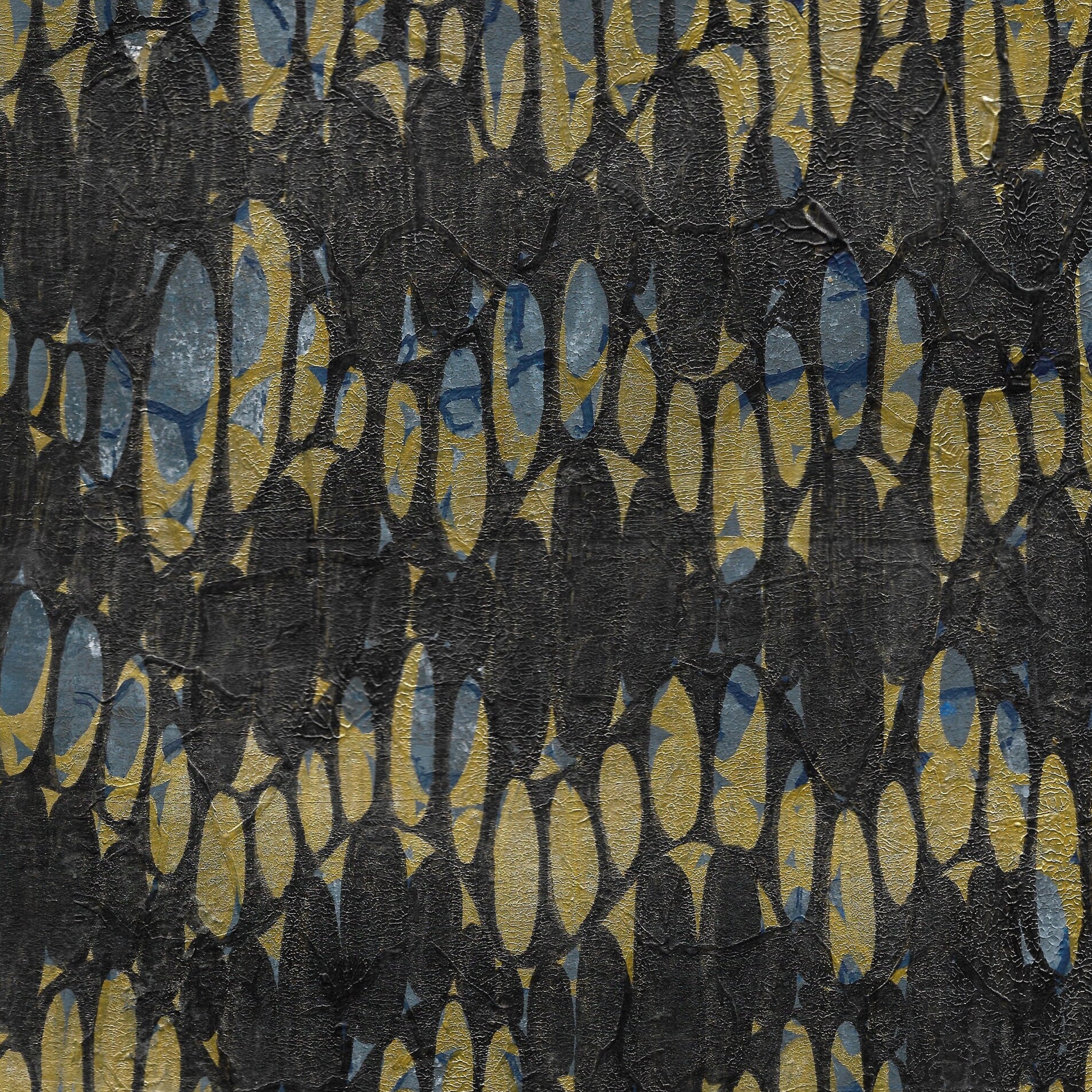 Textile with abstract pattern of black, blue, and yellow shapes