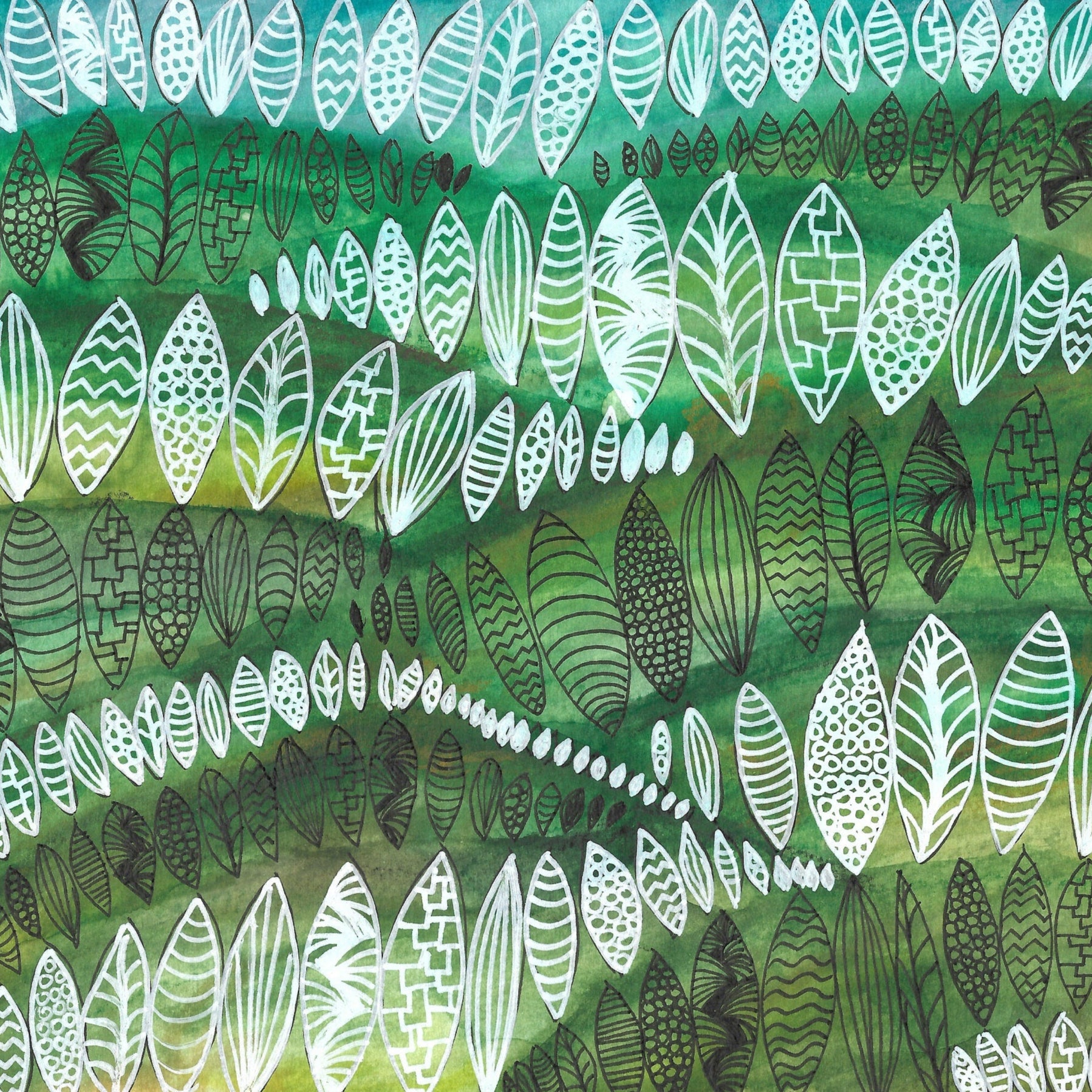 Patterned design with green and white leaves on a green background