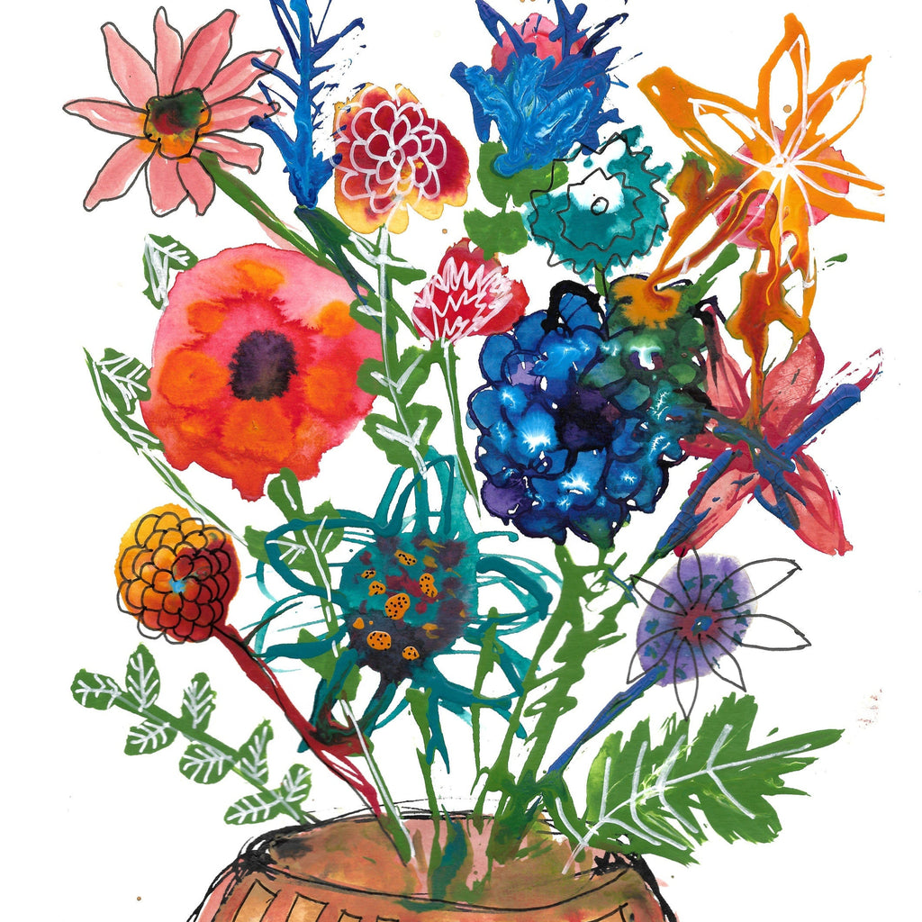 Colorful bouquet of flowers in a striped vase on a white background