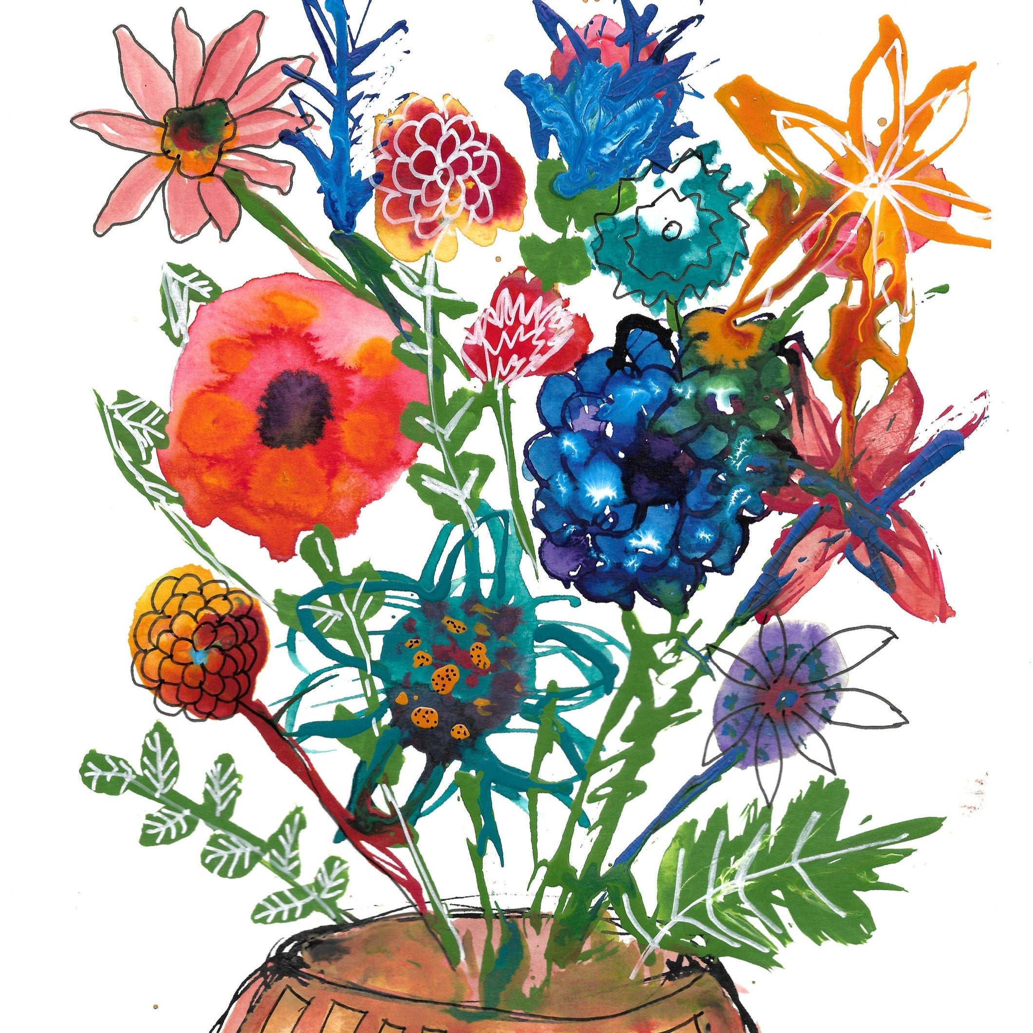 Colorful bouquet of flowers in a striped vase on a white background