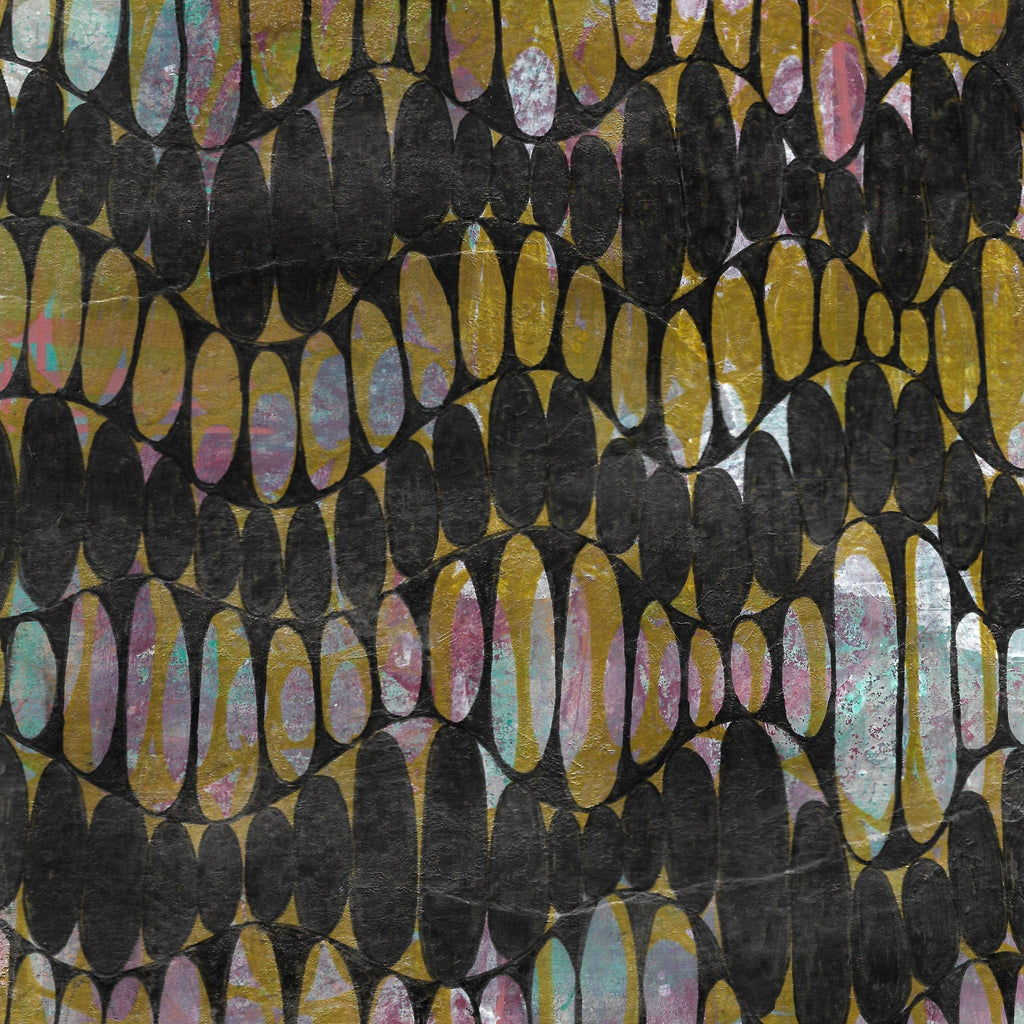 Patterned fabric with multicolored shapes on a black background