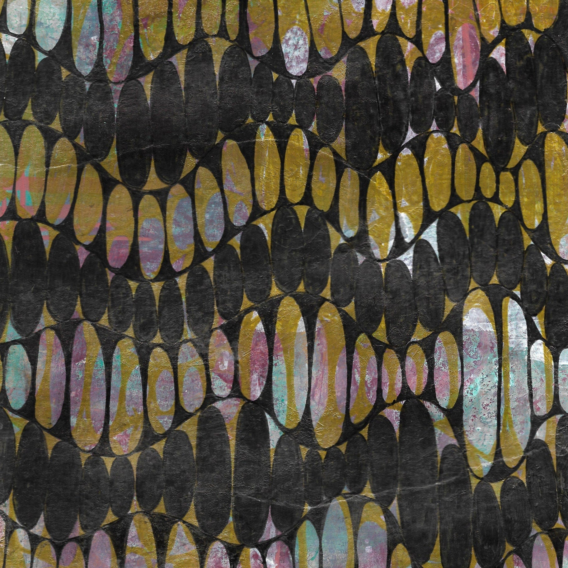 Patterned fabric with multicolored shapes on a black background