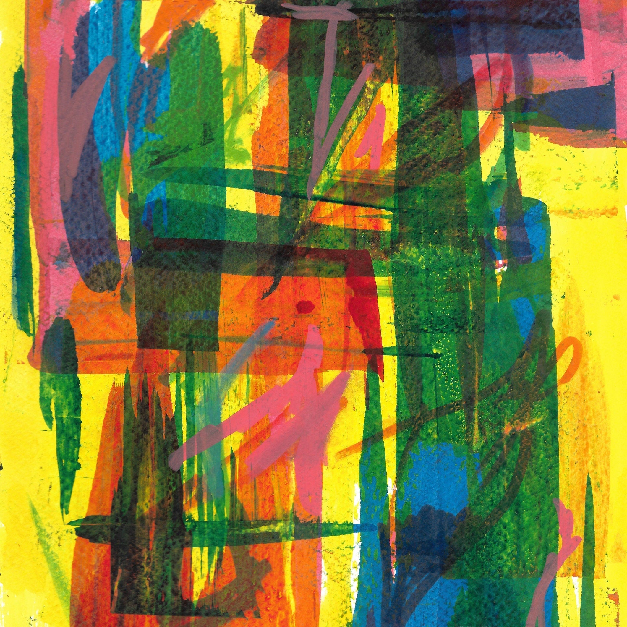 Abstract artwork with vibrant colors on a yellow background