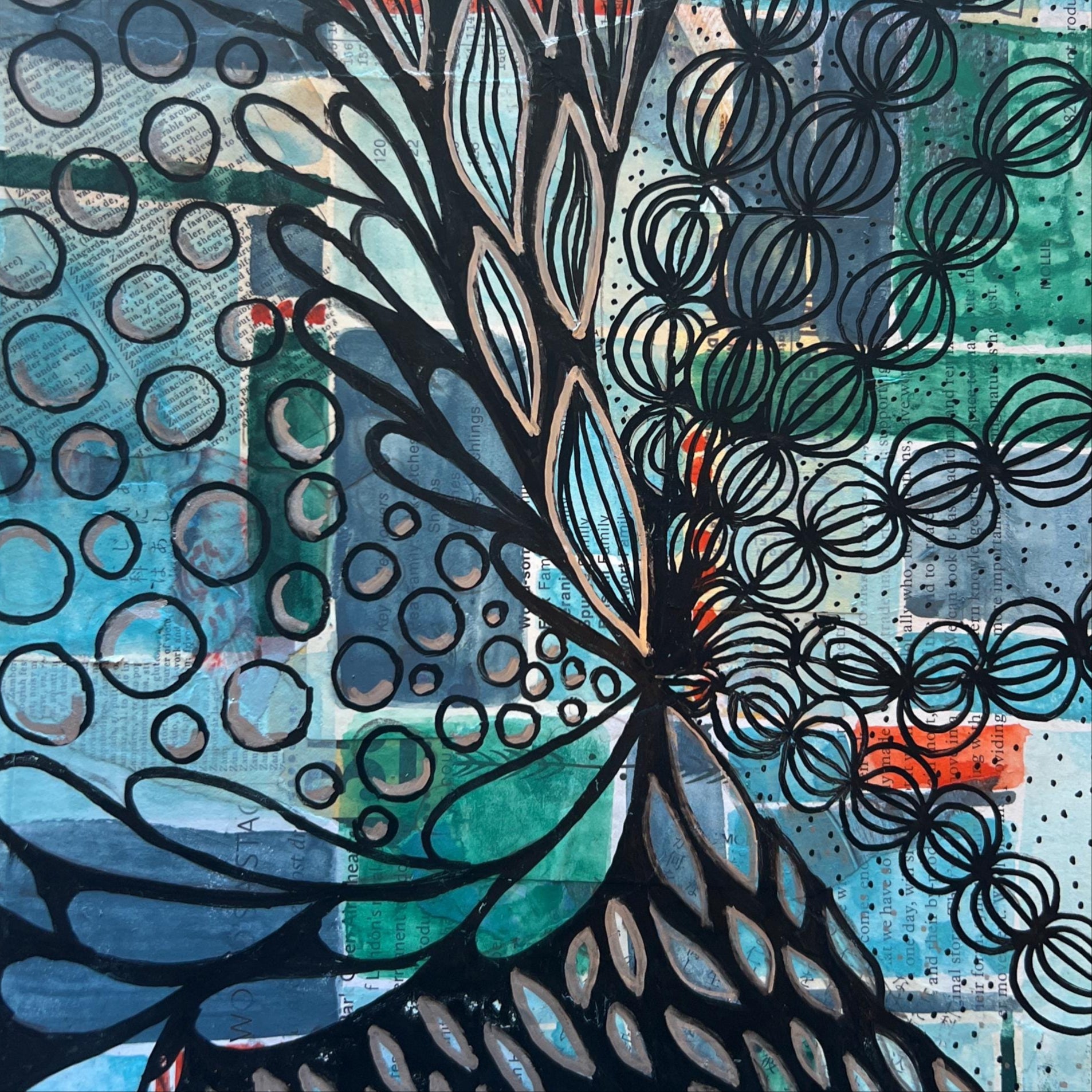 Abstract art piece with intricate patterns and colors on a white background