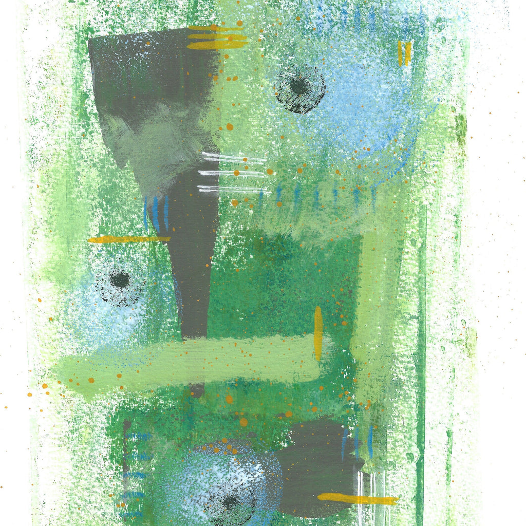 Abstract art piece with green, blue, and black colors on a white background